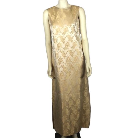 Vintage 1960s Gold Satin Damask sleeveless maxi Dress size large - Picture 3 of 12